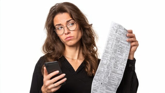 
A woman looks confused or worried while staring at a long receipt and a smartphone.
The expression suggests surprise or difficulty in understanding the information.