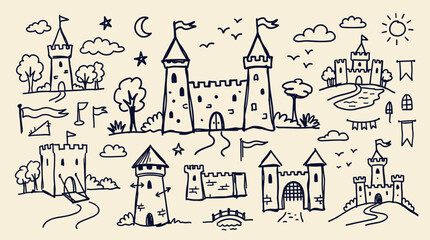 Naklejka premium Hand drawn collection of various fairytale castles and fortresses in a whimsical doodle style on a cream background