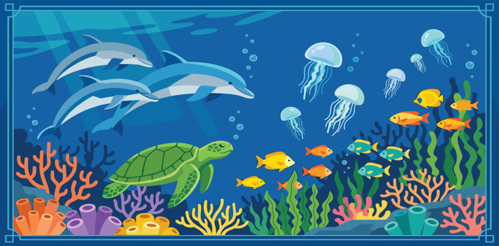 Underwater marine life background with dolphins swimming, sea turtle, jellyfish, schools of tropical fish, and colorful coral reef plants in a framed vector illustration.
