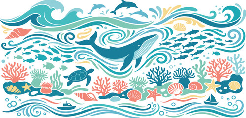 Underwater marine life banner vector featuring blue whale, swimming dolphins, sea turtle, coral reef, schools of fish, and ocean waves in a decorative horizontal flat design. © Mahan