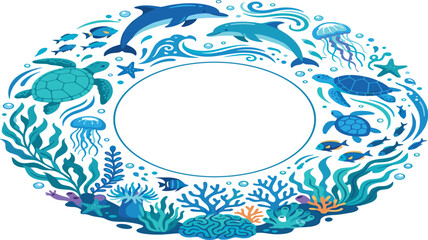 Underwater marine life circle wreath vector featuring dolphins sea turtles jellyfish tropical fish and coral reef elements in shades of blue for ocean themed frame and border designs. © Mahan