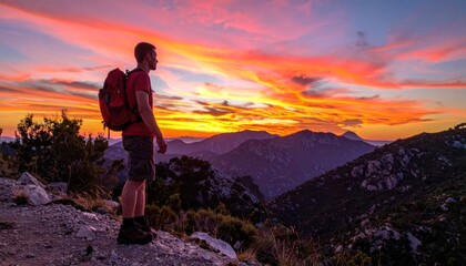 Fototapeta premium Hiker admires vibrant sunset over mountain range.