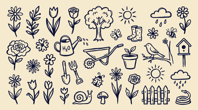 Charming hand drawn doodle collection of garden elements flowers plants tree watering can wheelbarrow boots and wildlife for spring and summer themes