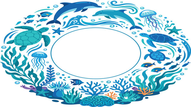 Underwater marine life circle wreath vector featuring dolphins sea turtles jellyfish tropical fish and coral reef elements in shades of blue for ocean themed frame and border designs.
