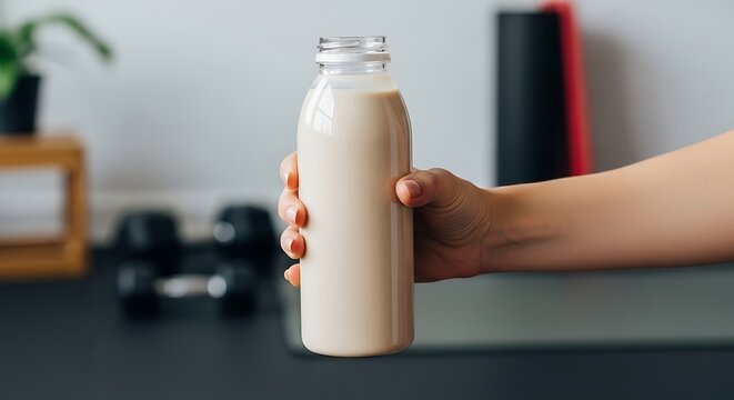 Hand holding a protein shake bottle in a gym setting, fitness and wellness concept.