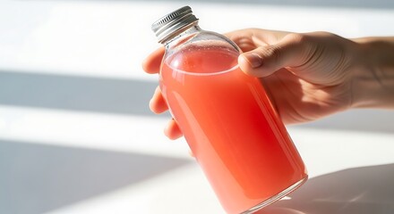 Obraz premium Hand holding a refreshing bottle of pink juice in bright sunlight.