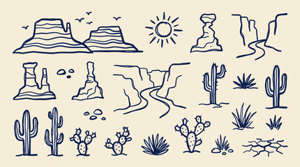 Fototapeta premium Hand drawn desert landscape elements with canyons mesas cacti and sun perfect for western themes and nature illustrations