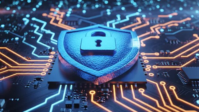 Cybersecurity shield on circuit board ideal for tech startups and software promos