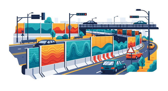 Modern highway with sound barriers and traffic flow.