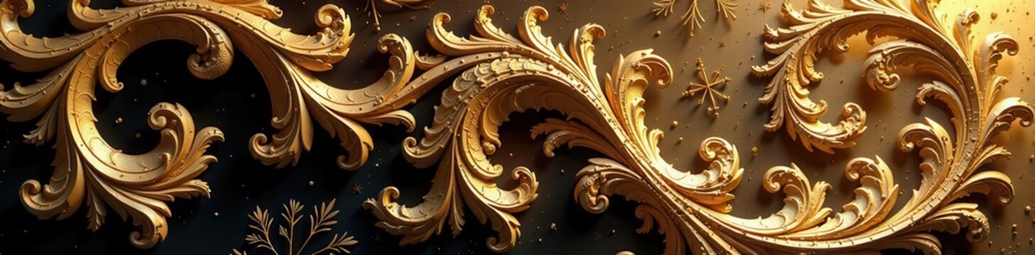 Abstract golden foliage fractal, ornate Rococo swirls, intricate, wallpaper, complex