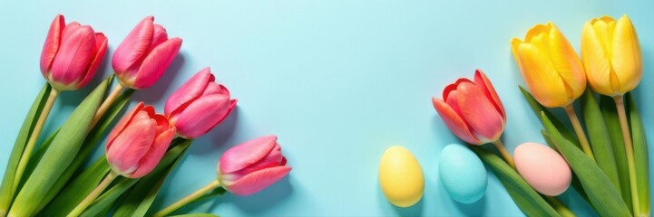 Obraz premium Vibrant tulips, pastel eggs, spring brunch flatlay, pastel, flatlay