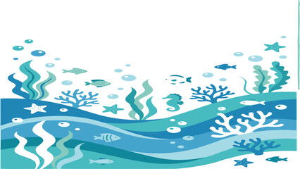 Underwater ocean wave border vector with decorative coral reef, sea creatures, bubbles, and tropical fish in a blue horizontal flat design for marine life backgrounds. © Mahan