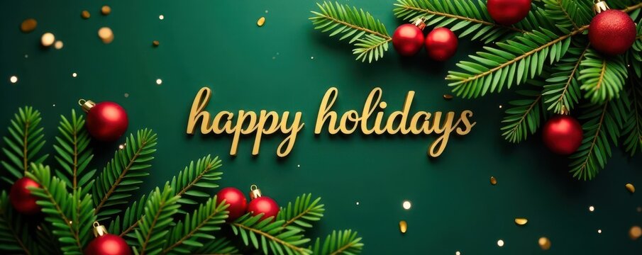 Gold script "Happy Holidays" on duotone evergreen branches , background, announcement