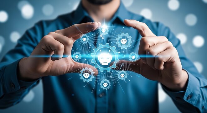 Chatbot interface with gear icons floats between male hands. Sharp focus on digital glowing graphics against a soft bokeh background. Ideal for modern software development marketing.
