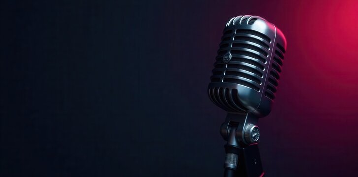 Sleek condenser mic, dark backdrop Podcast studio essential , gadget, podcasting equipment