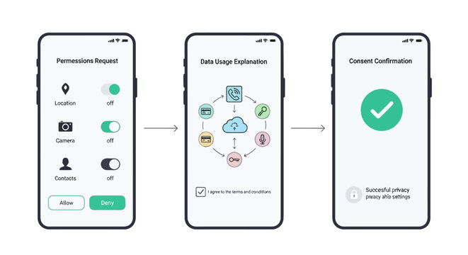 Mobile App Interface Showing Permissions, Data Flow, and Confirmation.