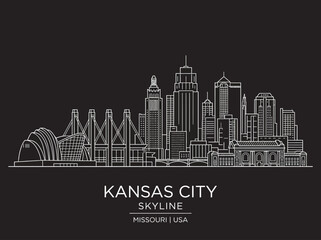 Kansas City Missouri Skyline Line Art Illustration - Minimalist White Outline Cityscape on Black Background © Rayyan