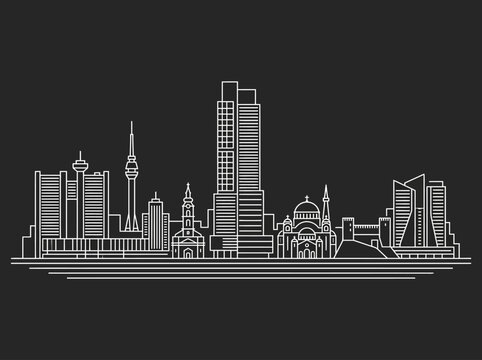 Belgrade Serbia City Skyline Minimalist White Line Art Illustration on Dark Background featuring Saint Sava Temple and Genex Tower