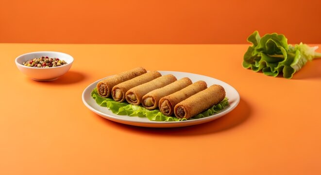 Lumpia goreng renyah disajikan di atas piring putih dengan daun selada berlatar belakang oranye cerah bergaya pop art modern yang menggugah selera