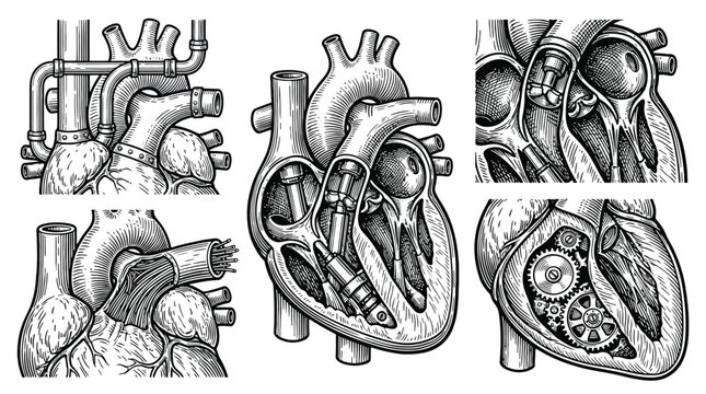 Anatomical heart illustration showing chambers arteries veins.