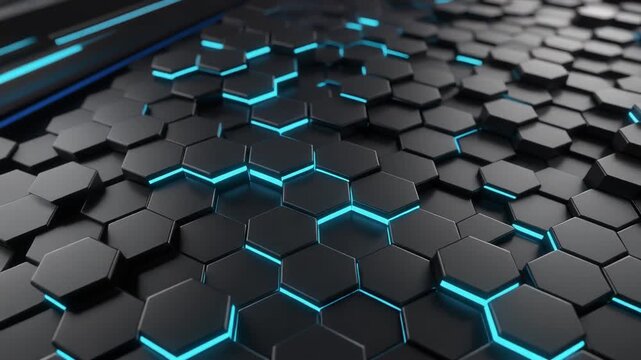 Abstract Hexagon Geometry: A captivating composition of dark hexagonal shapes illuminated by an electric blue glow, forming an abstract representation. Generative AI.
