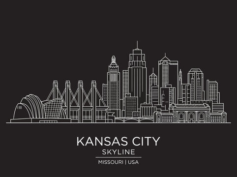 Kansas City Missouri Skyline Line Art Illustration - Minimalist White Outline Cityscape on Black Background