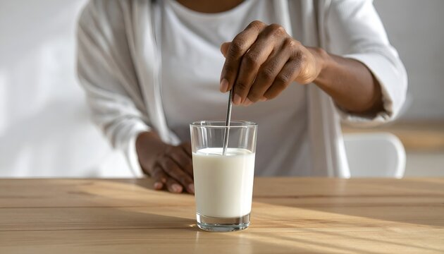 Milk Stirring with Spoon in Glass on Table Close Up