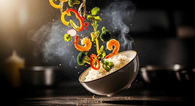 Bahan masakan udang tumis brokoli dan paprika merah yang melayang di atas mangkuk nasi dengan uap panas berkonsep fotografi makanan sinematik