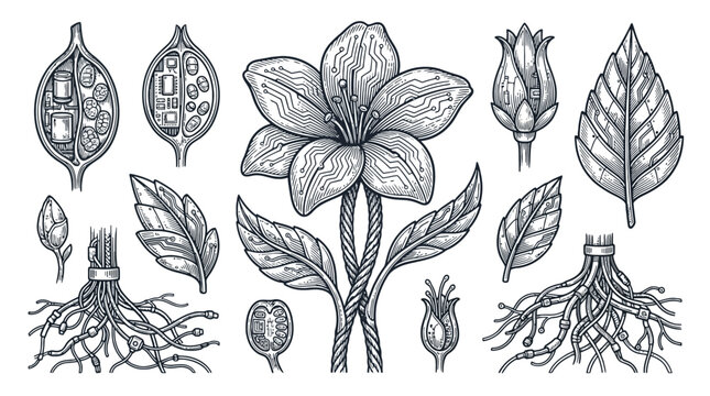 Botanical illustration of a flowering plant with roots.