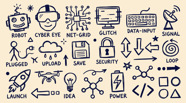 Hand drawn icons representing technology concepts like robot cyber eye net grid computer data input signal plugged upload save security loop rocket drone lightbulb power and code