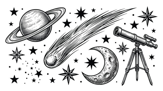 Celestial Scene Featuring Ringed Planet Moon Comet And Telescope.