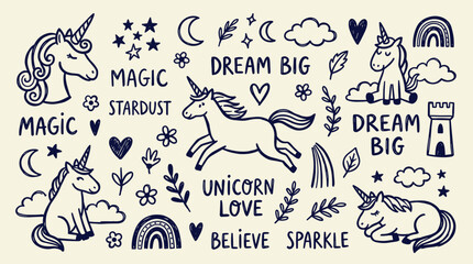 Fototapeta premium Whimsical unicorn doodles and inspirational phrases like dream big and magic stardust on a textured background