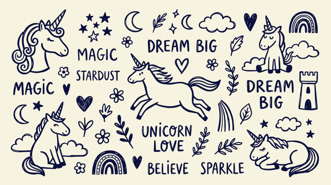Whimsical unicorn doodles and inspirational phrases like dream big and magic stardust on a textured background