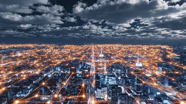 Aerial view of a cityscape at night highlighting artificial intelligence and digital evolution