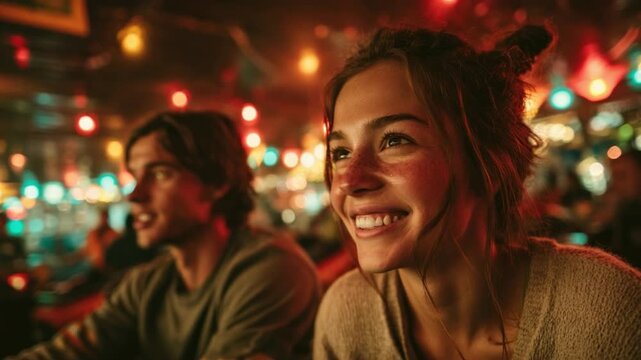 Enchanting Bar Gathering: A smiling woman radiates joy, bathed in the warm glow of festive lights, as she shares an intimate moment with a companion, the atmosphere buzzing with conversation.