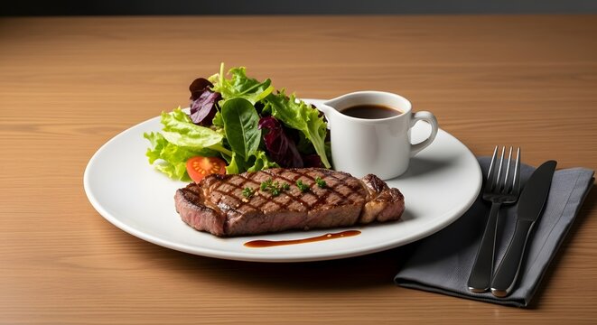 Steak daging sapi panggang dengan salad hijau tomat ceri dan saus lada hitam di piring putih atas meja kayu