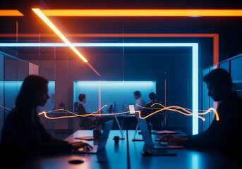 Fototapeta premium Silhouetted professionals working on laptops in a futuristic office illuminated by vibrant neon lights and abstract data trails.