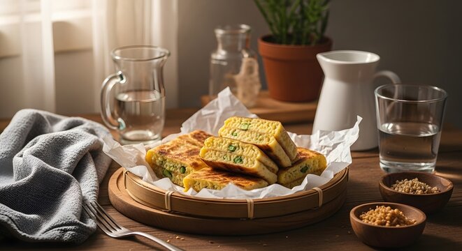 Kue dadar tebal manis dengan isian kacang polong hijau disajikan di keranjang bambu tradisional pada meja kayu