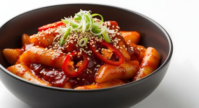 Tteokbokki kue beras pedas Korea dengan taburan biji wijen daun bawang dan irisan cabai merah di dalam mangkuk hitam