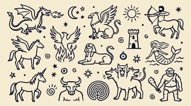Collection of mythical creatures and fantasy symbols including dragon griffin unicorn phoenix centaur mermaid cyclops and more on a plain background