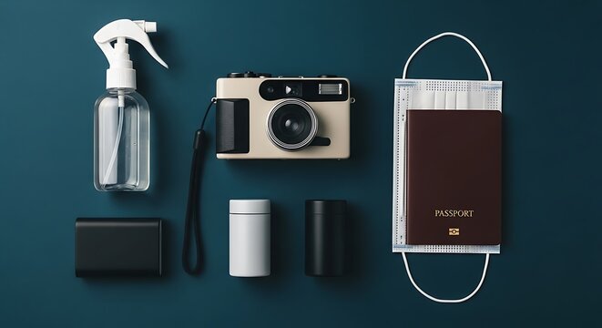 Travel accessories set including camera passport spray bottle and face mask kit.