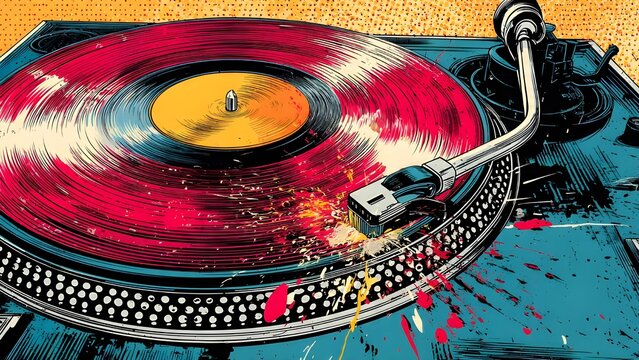 Pop art abstract DJ equipment graphic illustration with vinyl turntable mixer and headphones colorful retro modern electronic dance music concept for nightclub event or EDM festival poster
