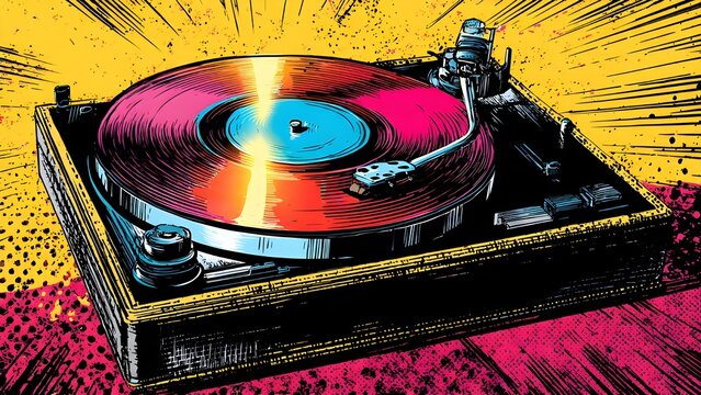 Pop art abstract DJ equipment graphic illustration with vinyl turntable mixer and headphones colorful retro modern electronic dance music concept for nightclub event or EDM festival poster