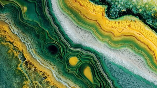Close-up macro view of natural green and yellow agate stone with detailed crystal patterns, polished gemstone surface showing vibrant earthy tones, abstract mineral texture background for geology, jew