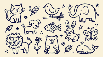 Fototapeta premium Cute hand drawn animal doodles collection featuring a cat dog elephant bunny bear lion whale and butterfly perfect for children's designs and educational materials