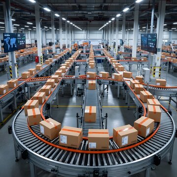 Top view of automated parcel conveyor system with cardboard boxes in modern warehouse logistics hub. Supply Chain & Logistics