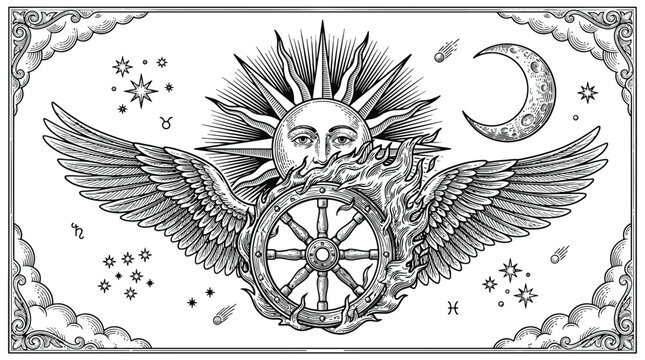 Winged Sun Wheel Emblem with Divine Wings.