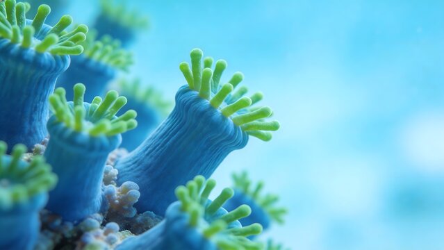 Blue and green sea anemones underwater