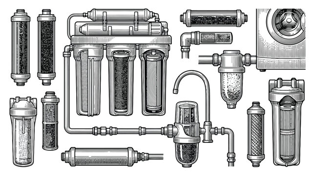 Water Filtration System Cartridges and Faucet Components.
