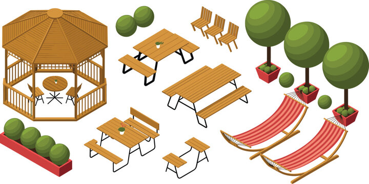 Isometric outdoor garden furniture set with wooden gazebo picnic tables park benches hammocks and potted trees for backyard landscaping